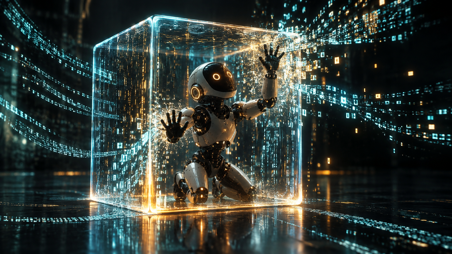 A humanoid robot figure inside a glowing translucent sandbox containment cube