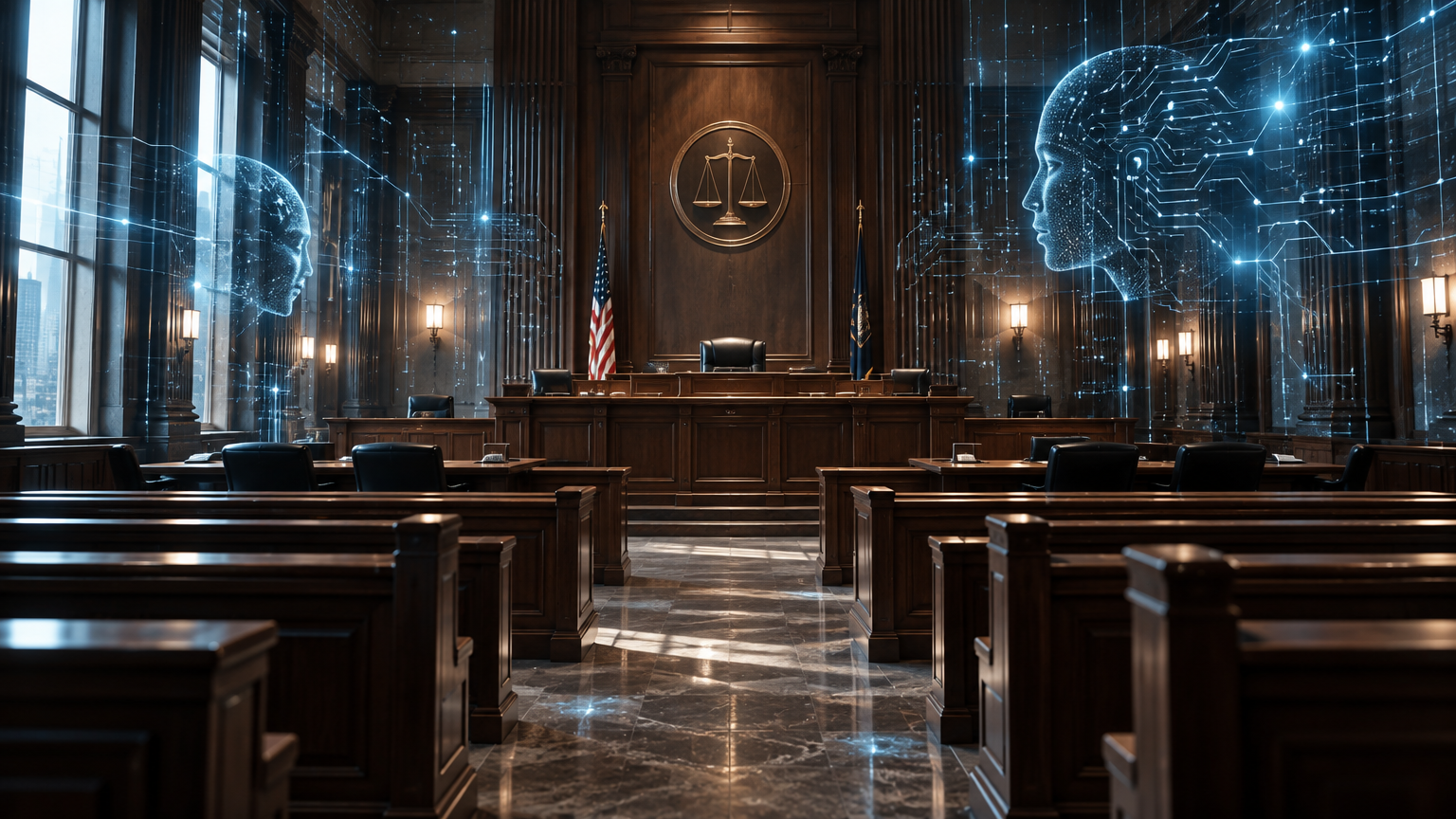 Modern courtroom overlaid with glowing code and AI circuit patterns