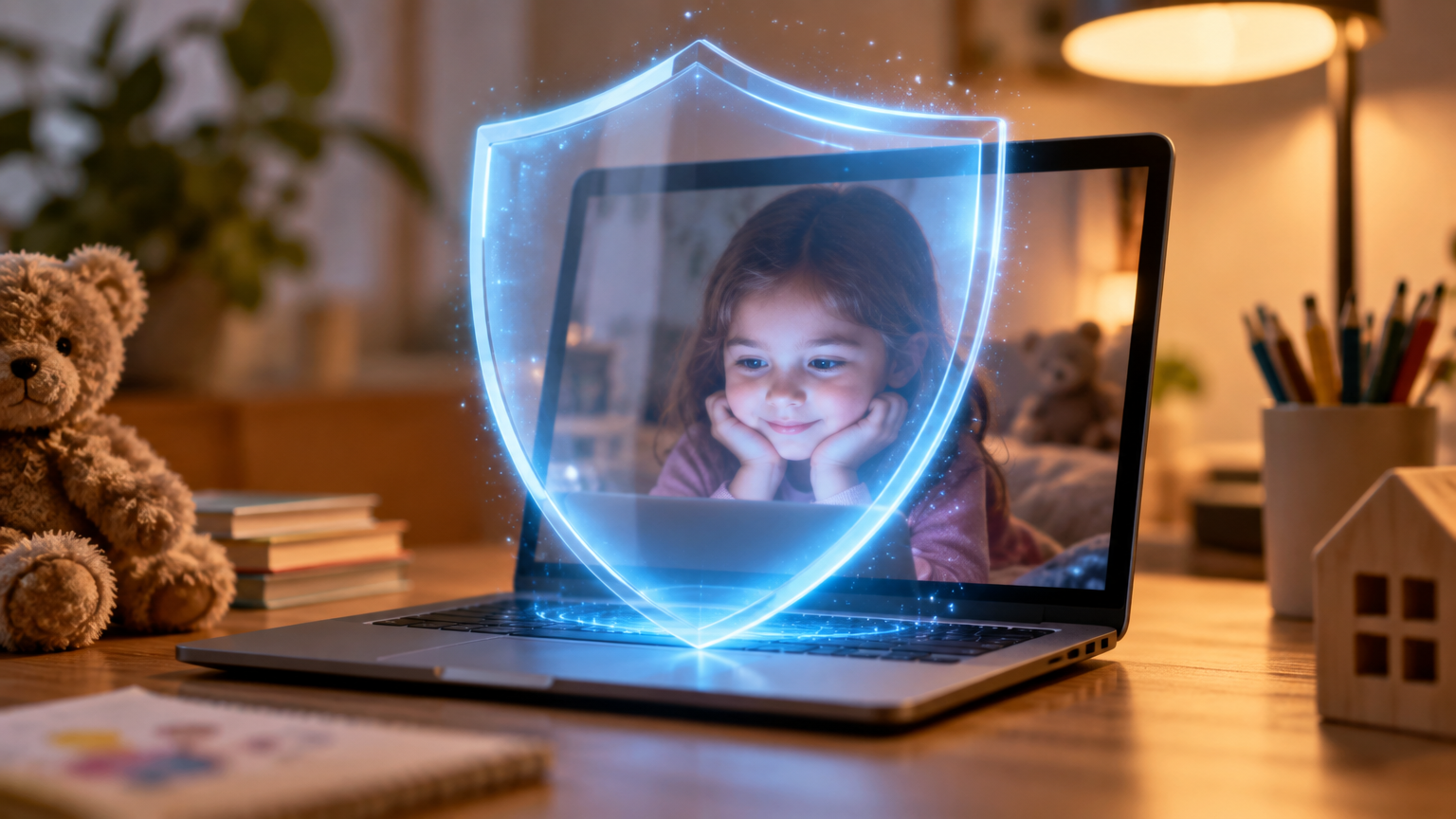 Laptop on a desk with a glowing protective shield hologram for online child safety