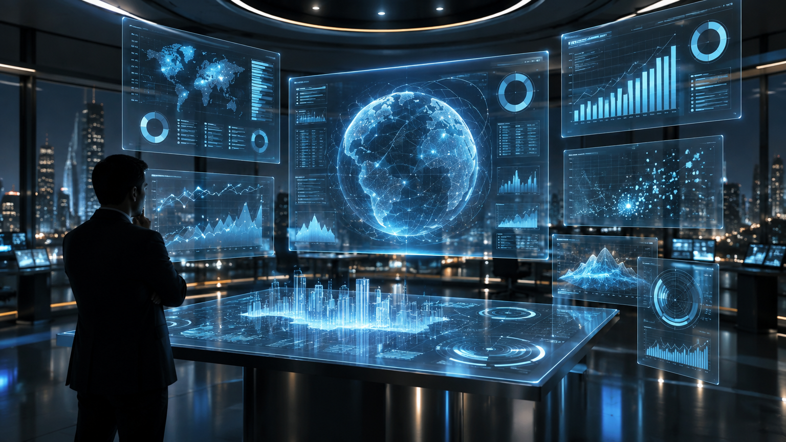Futuristic holographic enterprise analytics dashboard with glowing data charts