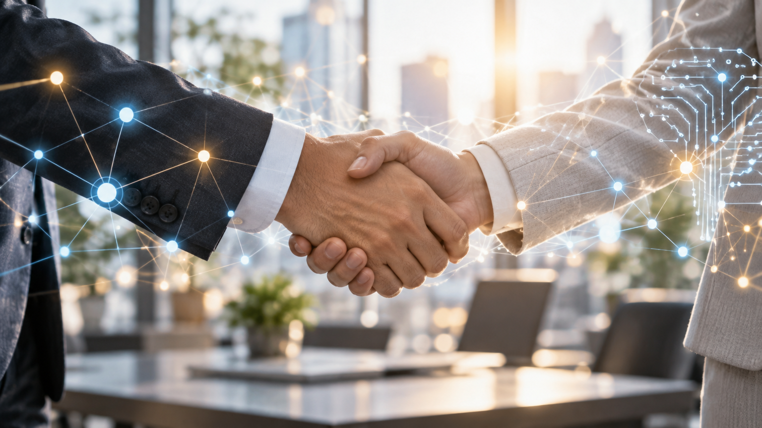 Two businesspeople shaking hands in an office overlaid with a glowing digital network