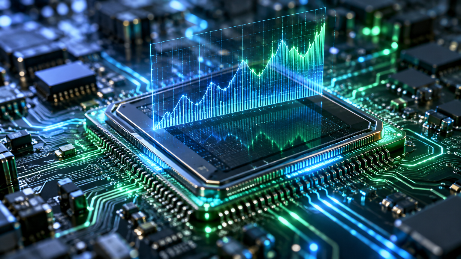 Close-up of a computer chip with glowing monitoring circuits and a holographic graph