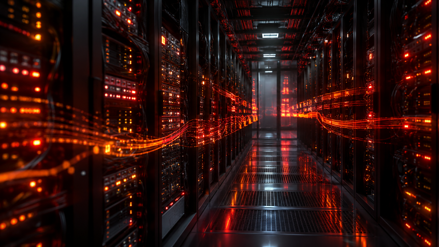 Dark server room with rows of racks and glowing red alert lights