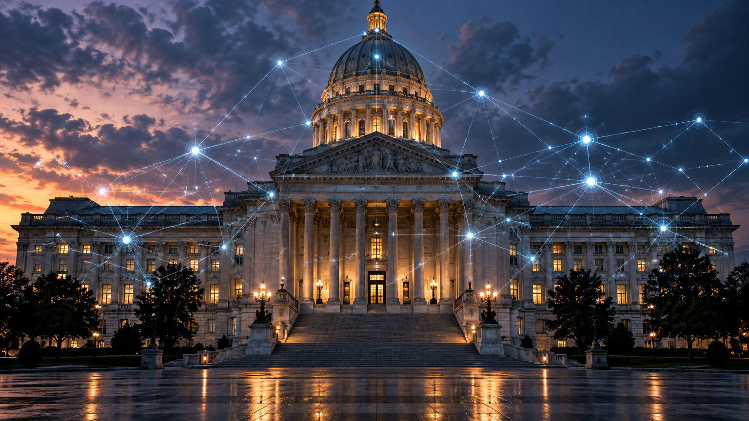 Neoclassical government building at dusk overlaid with a glowing digital network
