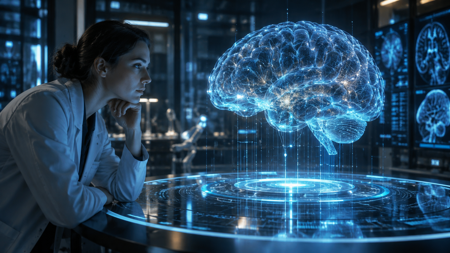 Scientist studying a translucent holographic human brain made of glowing data