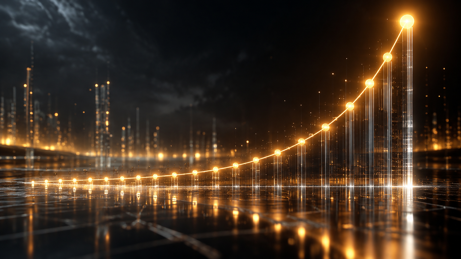 Holographic exponential growth curve rising above a dark reflective surface